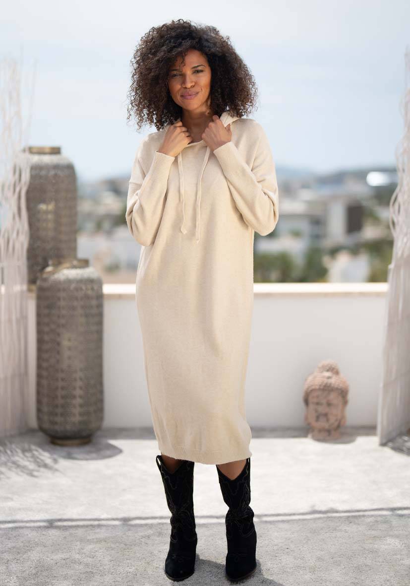Miss Goodlife Dress Knitted Hoodie long – creme Verkauf