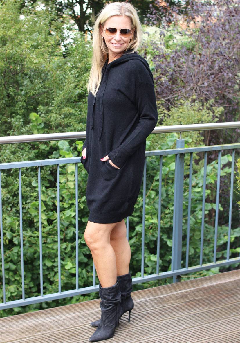 Miss Goodlife Dress Knitted Hoodie Pockets – black Schlussverkauf