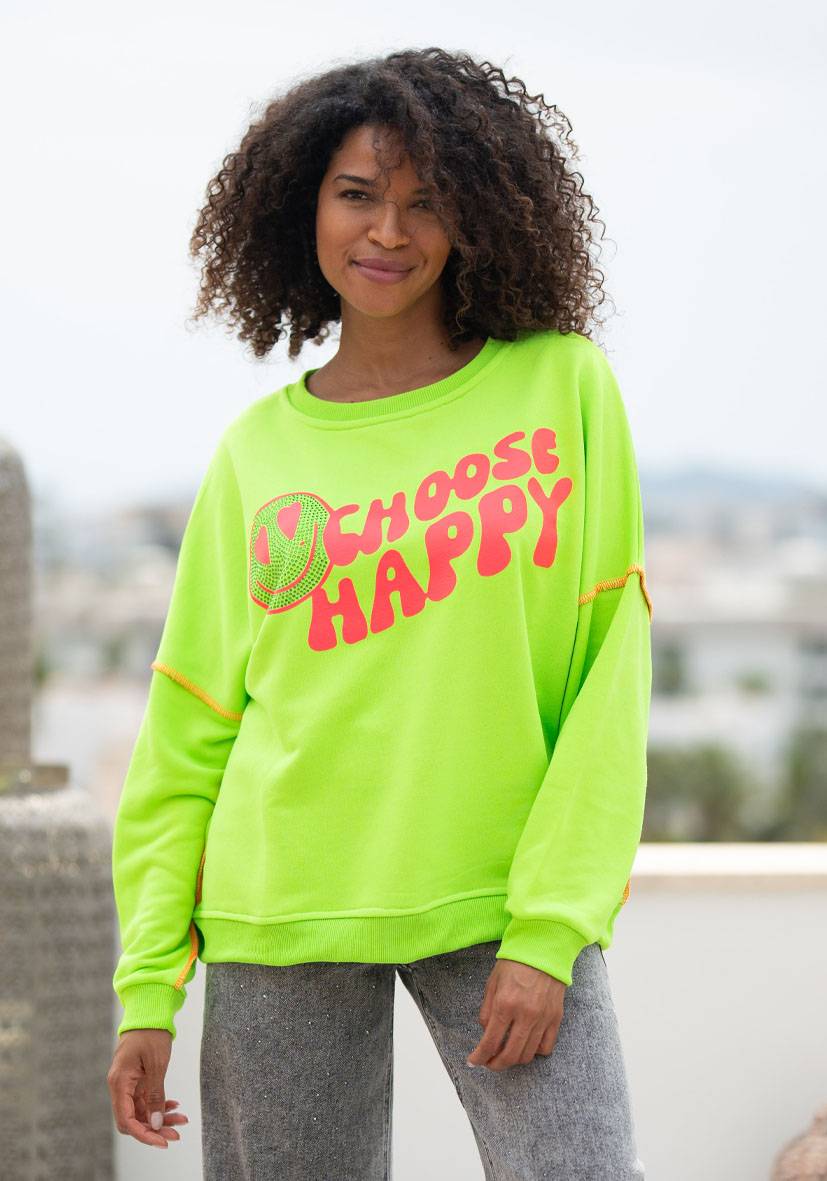 Miss Goodlife Roundneck Choose Happy Strass – neongreen