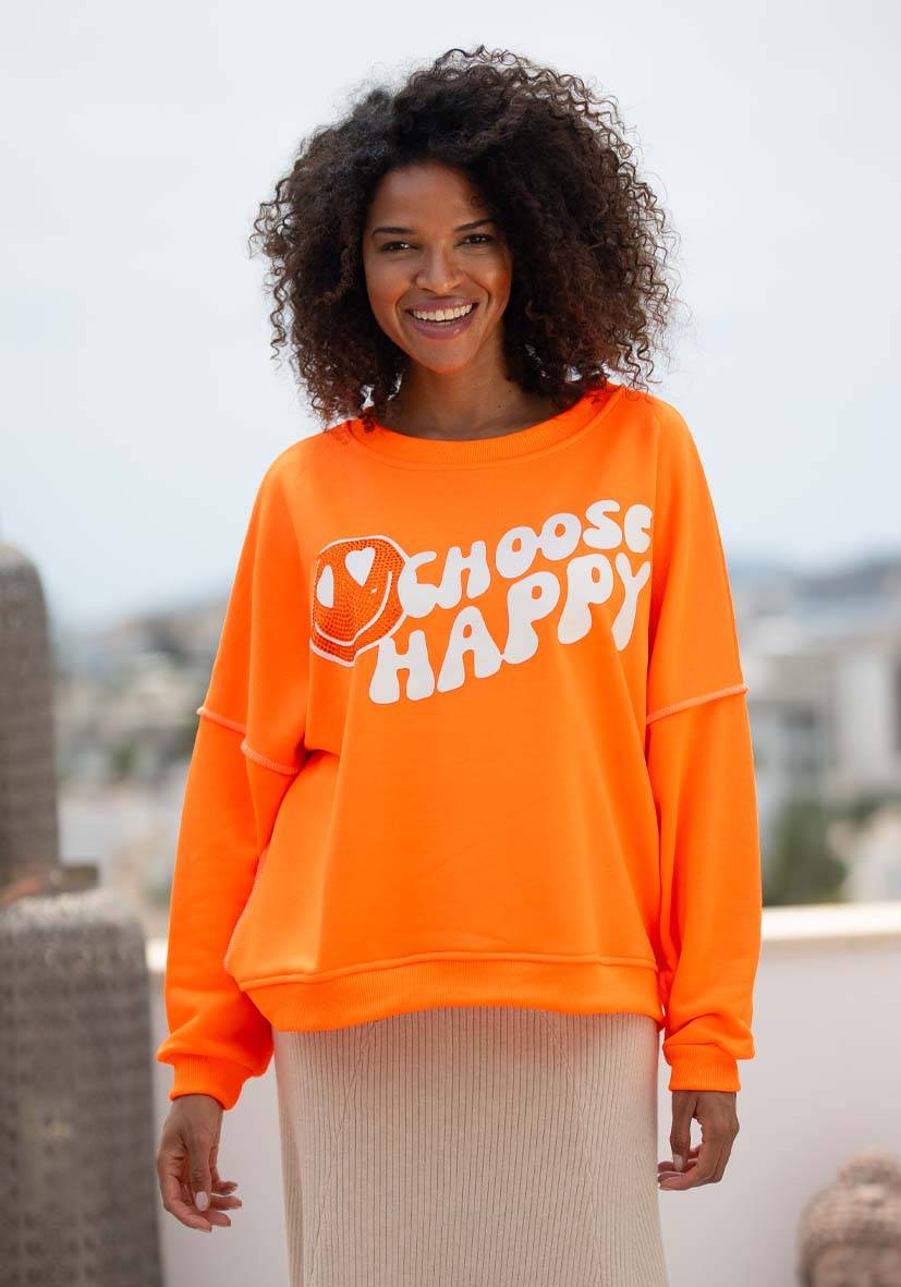 Miss Goodlife Roundneck Choose Happy Strass – neonorange Letzter Tag