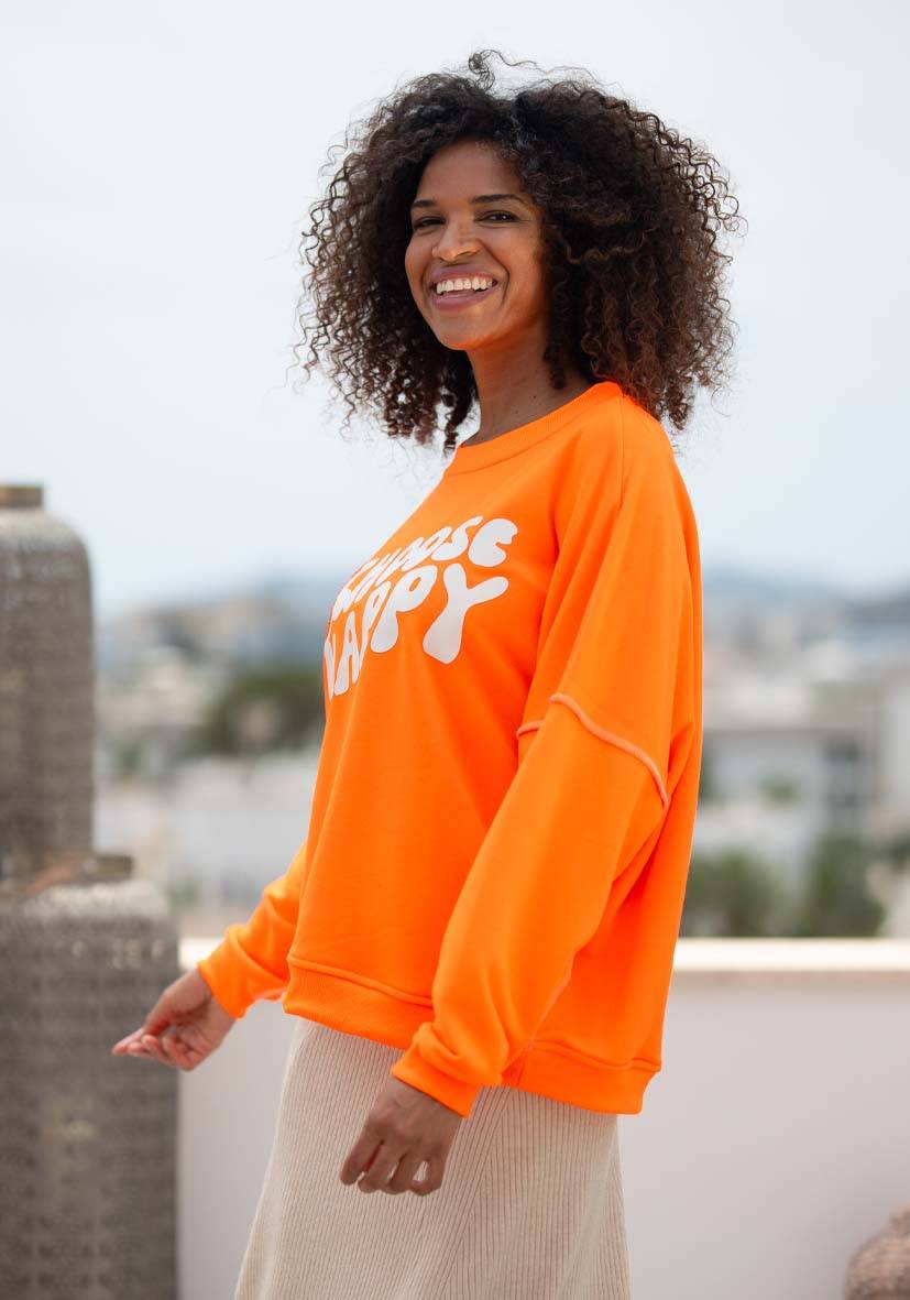 Miss Goodlife Roundneck Choose Happy Strass – neonorange Letzter Tag