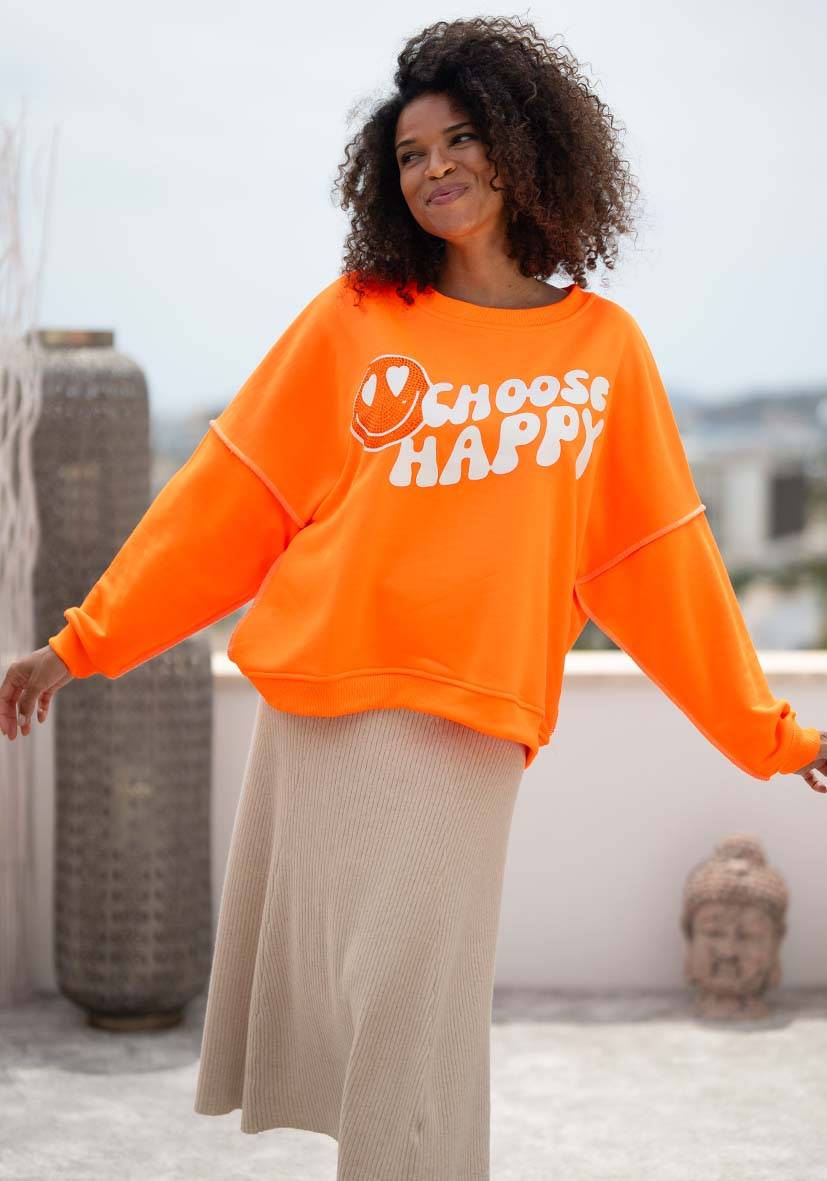 Miss Goodlife Roundneck Choose Happy Strass – neonorange Letzter Tag