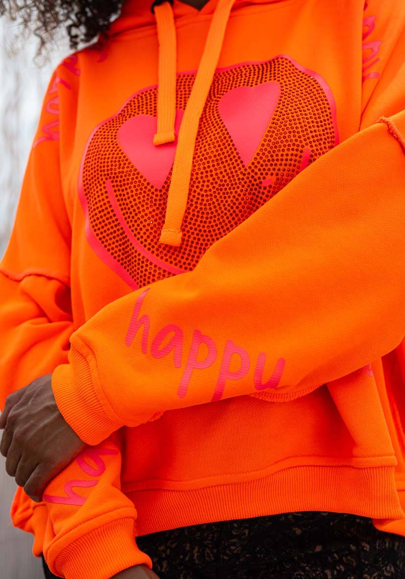 Miss Goodlife Hoodie Happy Heartface Strass – neonorange Muttertagsangebot