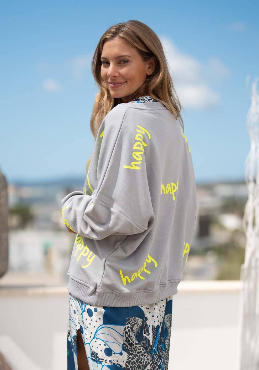 Miss Goodlife Roundneck Happy Heartface Strass – grey Lagerräumung