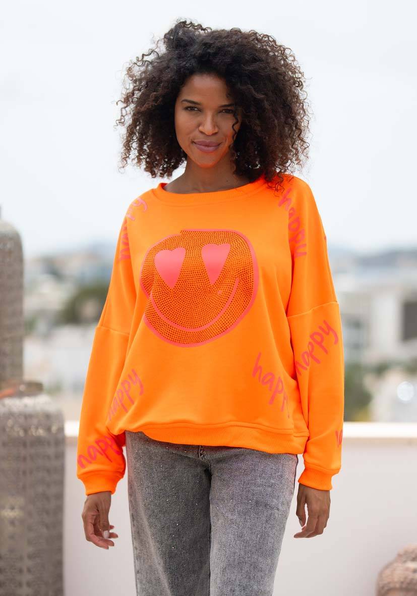 Miss Goodlife Roundneck Happy Heartface Strass – neonorange Top Angebot