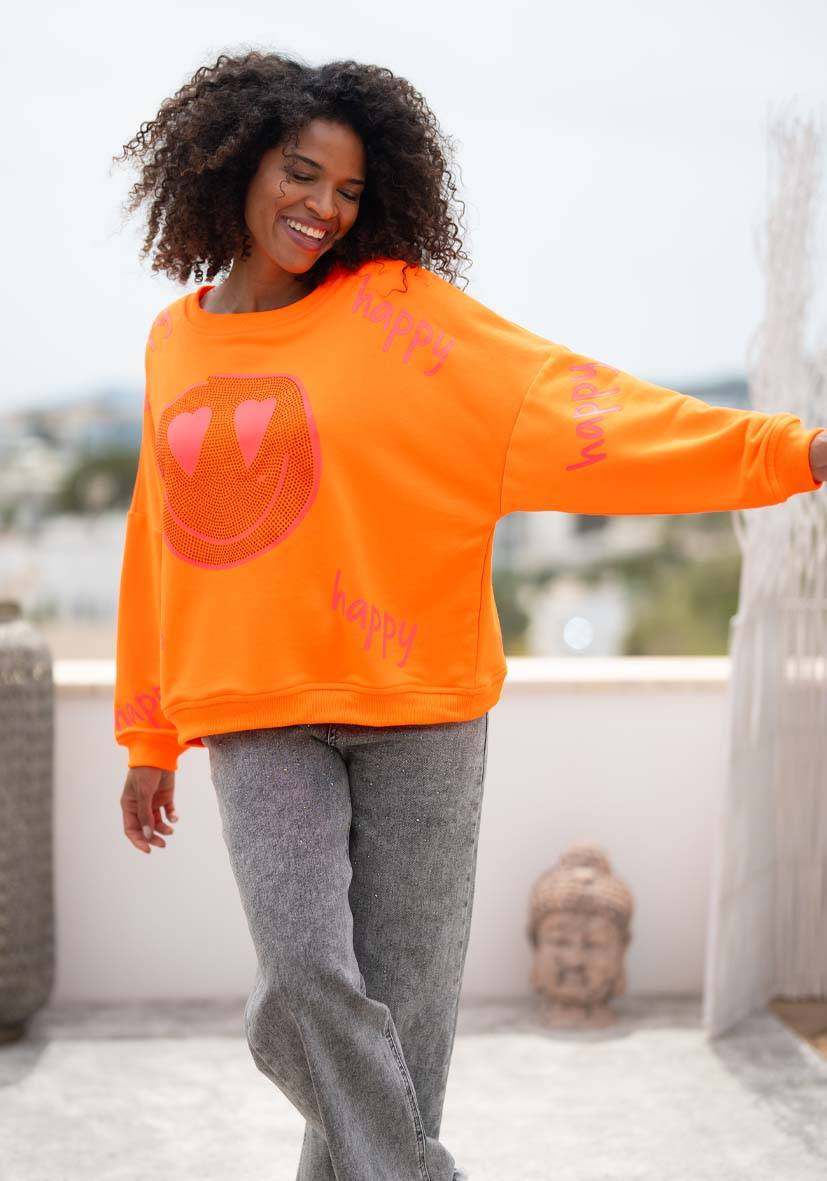 Miss Goodlife Roundneck Happy Heartface Strass – neonorange Top Angebot