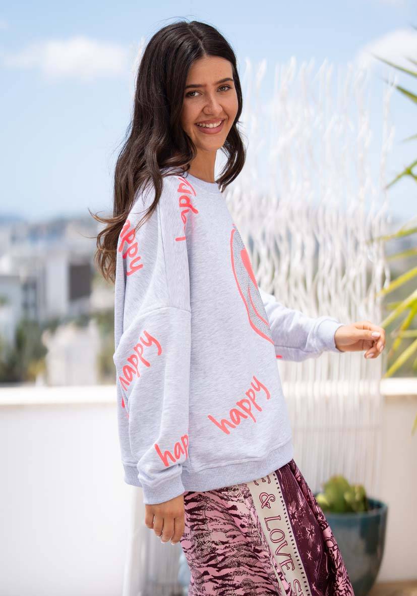 Miss Goodlife Roundneck Happy Heartface Strass – lightgrey Neueste Mode