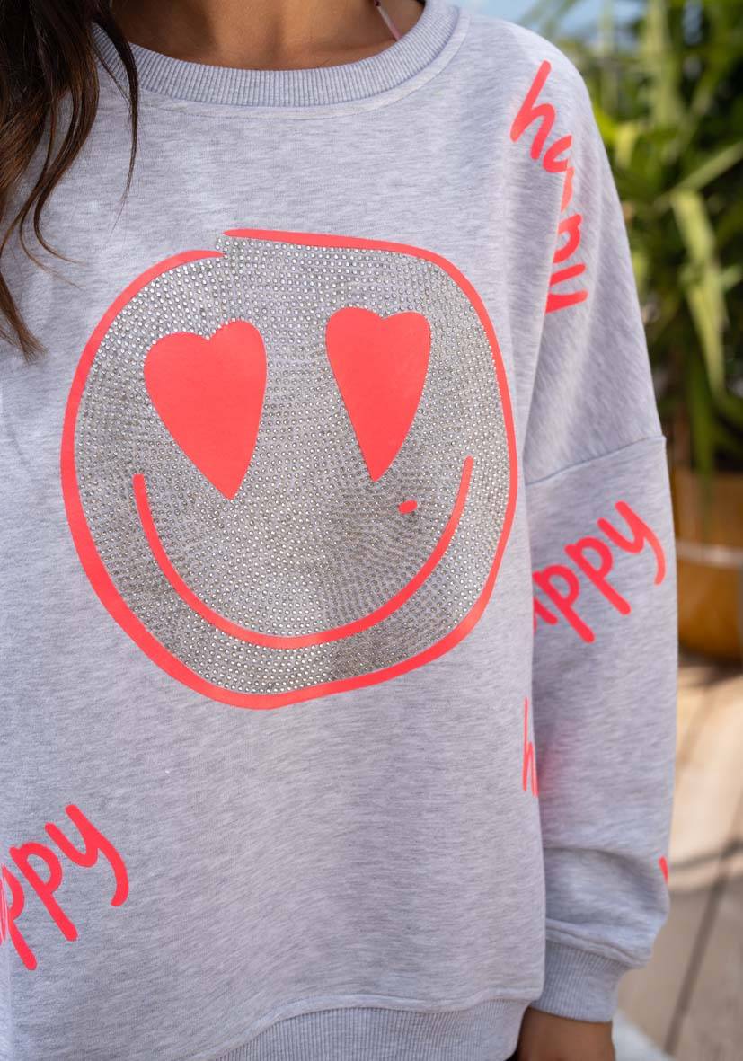 Miss Goodlife Roundneck Happy Heartface Strass – lightgrey Neueste Mode