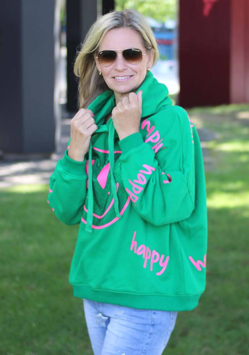 Miss Goodlife Hoodie Happy Heartface Strass – green Saisonale Angebote
