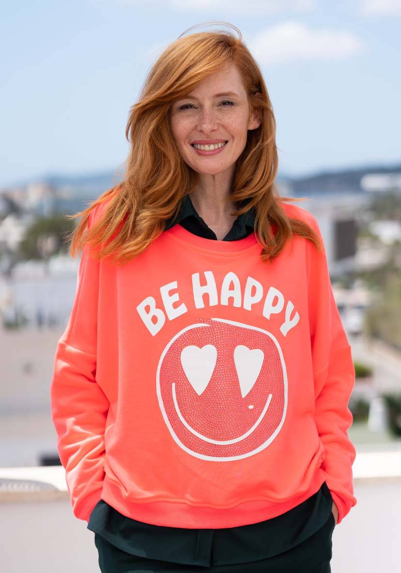 Miss Goodlife Roundneck Be happy Heartface Strass – neonpink Auslauf