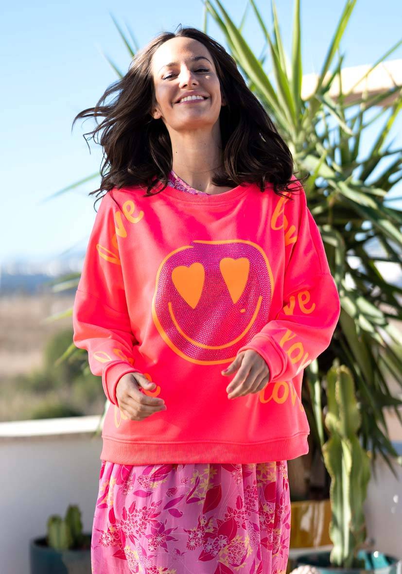 Miss Goodlife Roundneck Love Heartface Strass – neonpink Fabrik Onlineshop