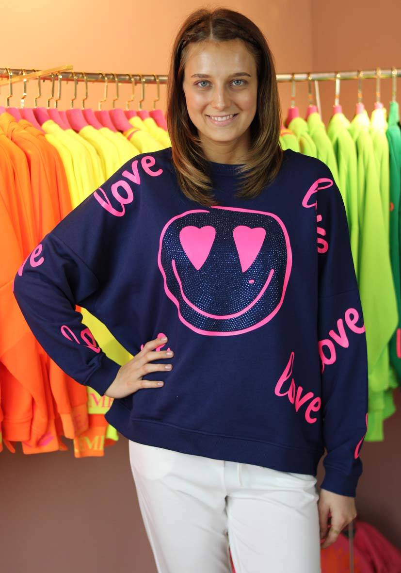 Miss Goodlife Roundneck Love Heartface Strass – darkblue Fabrikpreis