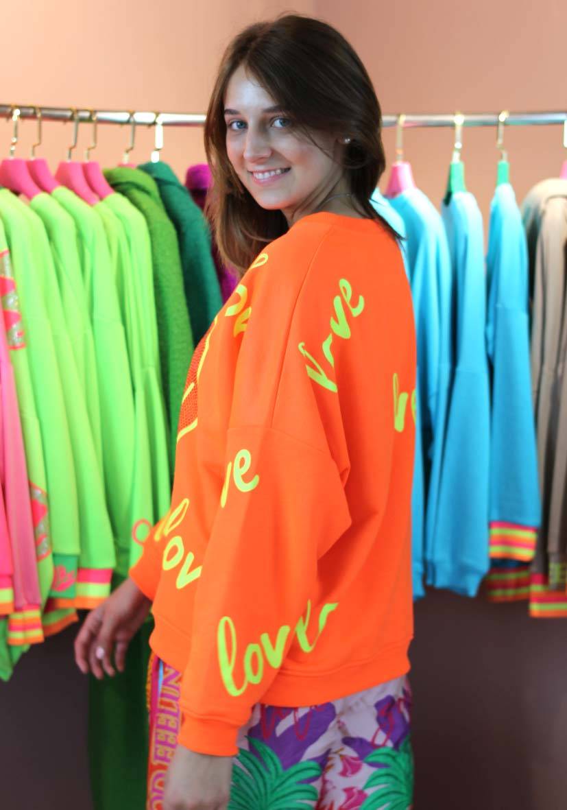 Miss Goodlife Roundneck Love Heartface Strass – neonorange Versandkostenfrei