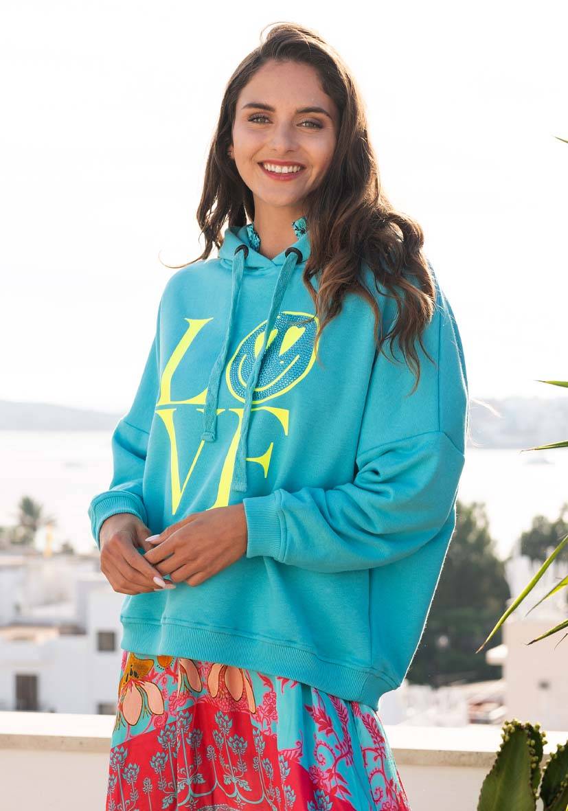 Miss Goodlife Hoodie Love Heartface – turquoise/neonyellow Super Sparpreis