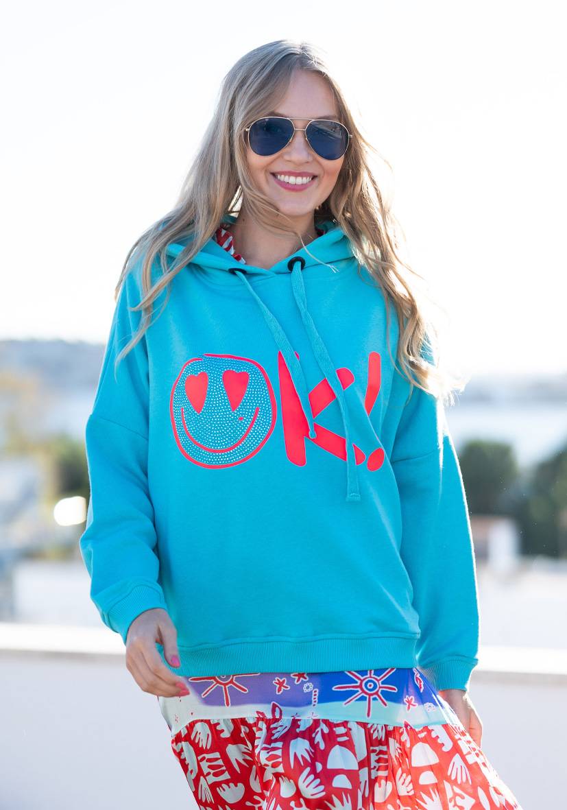 Miss Goodlife Hoodie OK! Heartface – turquoise/neonpink Bis zu 60% Rabatt