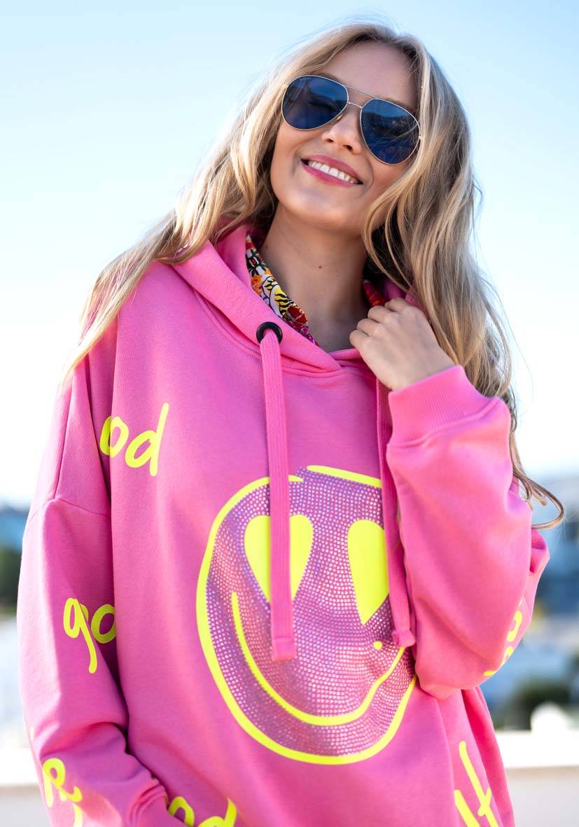 Miss Goodlife Hoodie Goodlife Heartface Strass – rose/neonyellow Nur für heute
