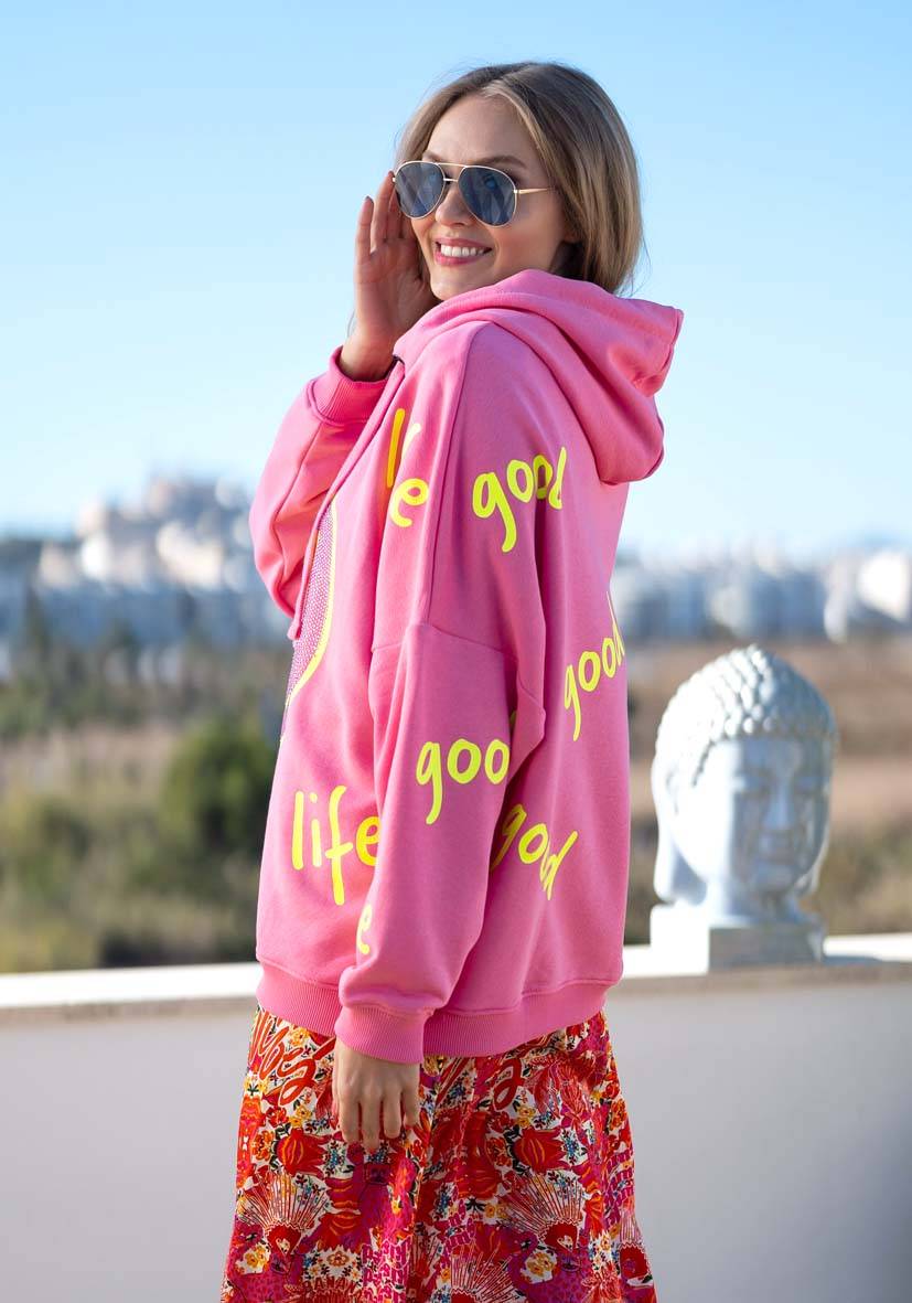 Miss Goodlife Hoodie Goodlife Heartface Strass – rose/neonyellow Nur für heute
