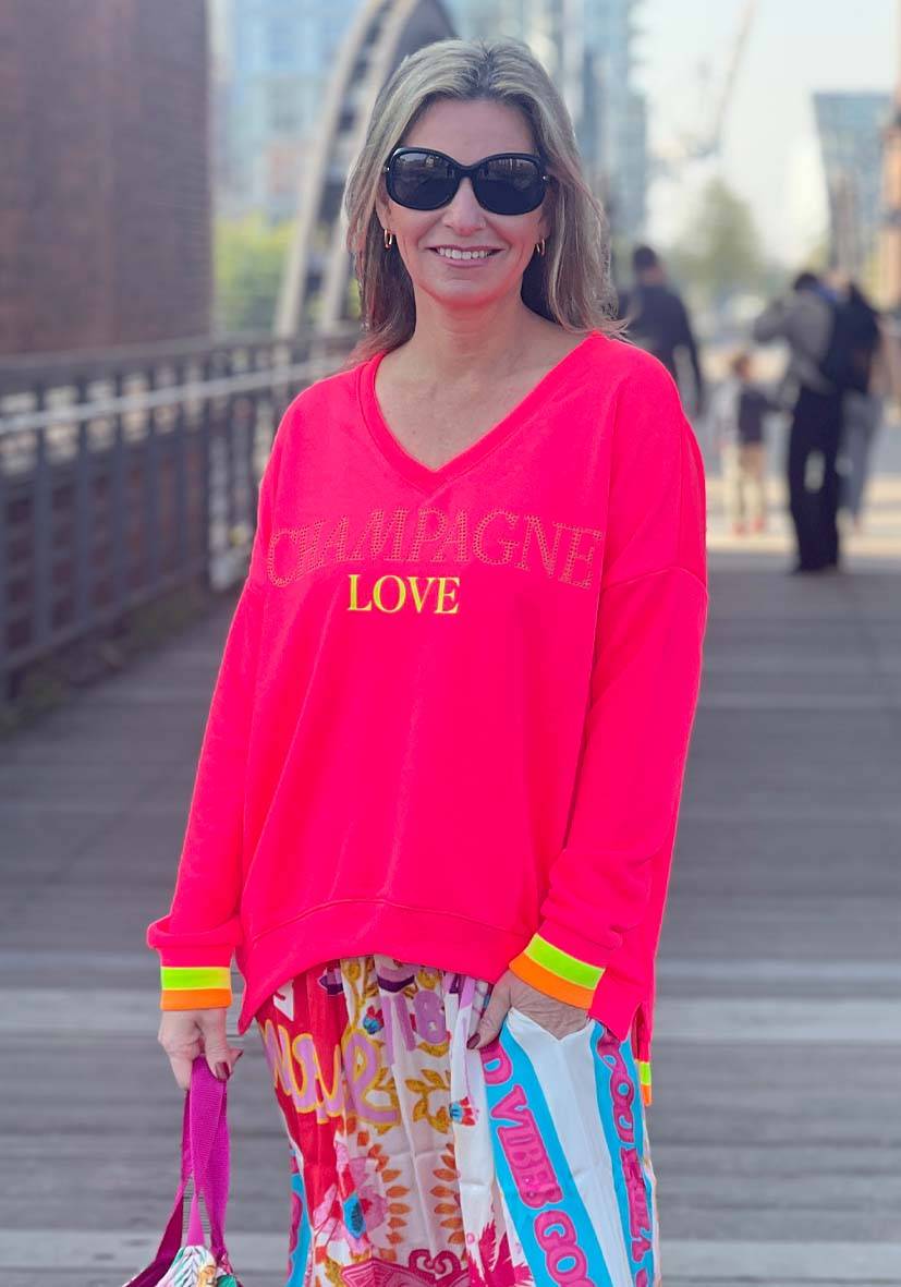 Miss Goodlife V-Neck Champagne Love Strass – neonpink/neonyellow Sonderangebot der Fabrik