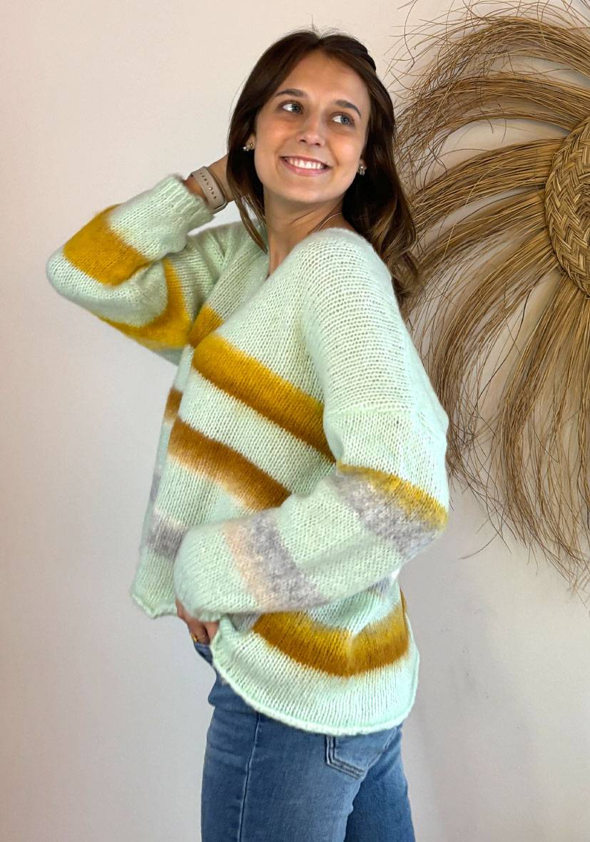 Miss Goodlife Pullover gebrushed mit multicolor Stripes – mint Preisnachlass