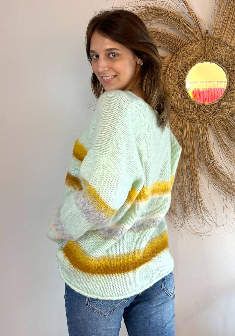 Miss Goodlife Pullover gebrushed mit multicolor Stripes – mint Preisnachlass