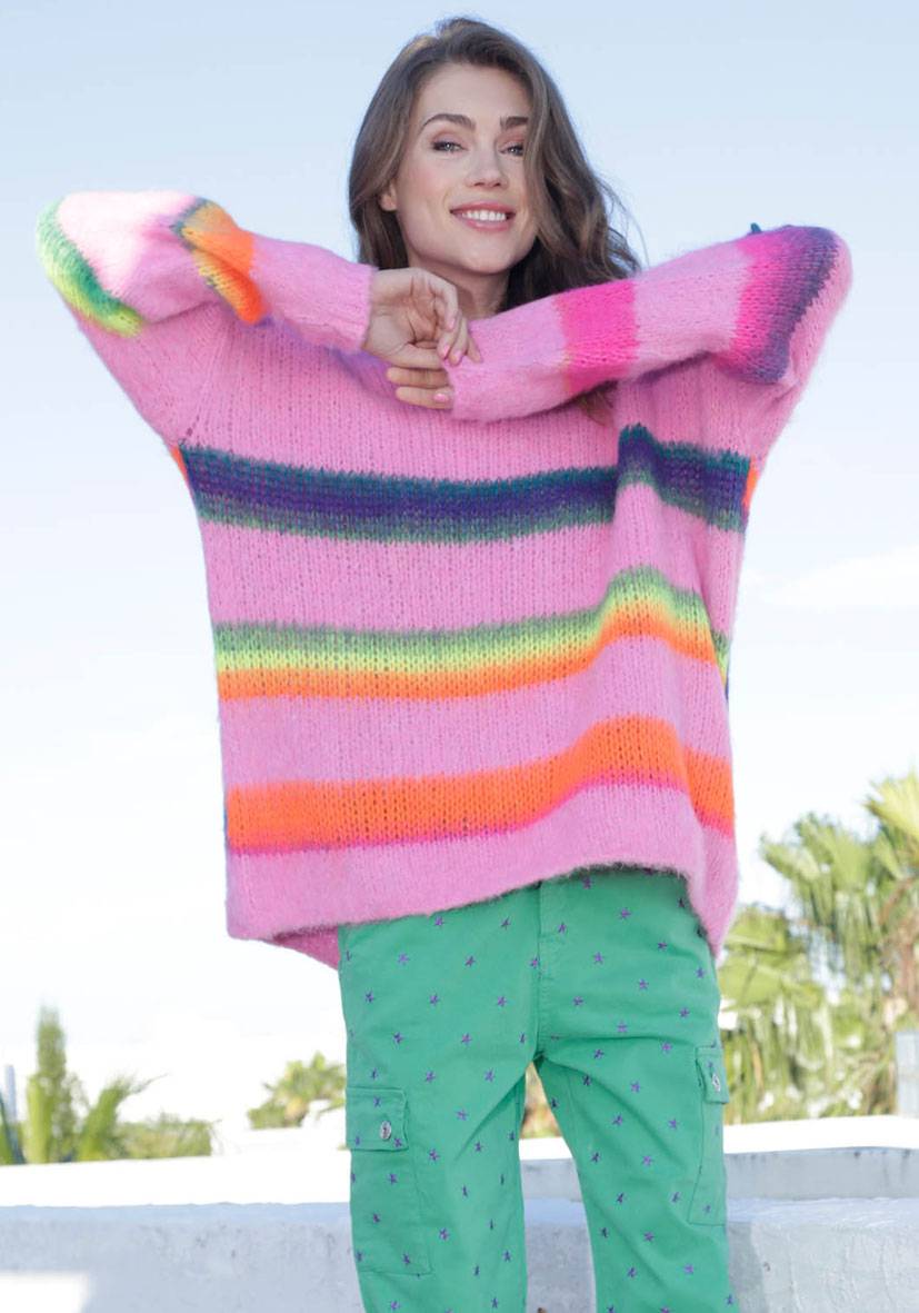Miss Goodlife Pullover gebrushed mit multicolor Stripes – pink Weihnachtsangebot