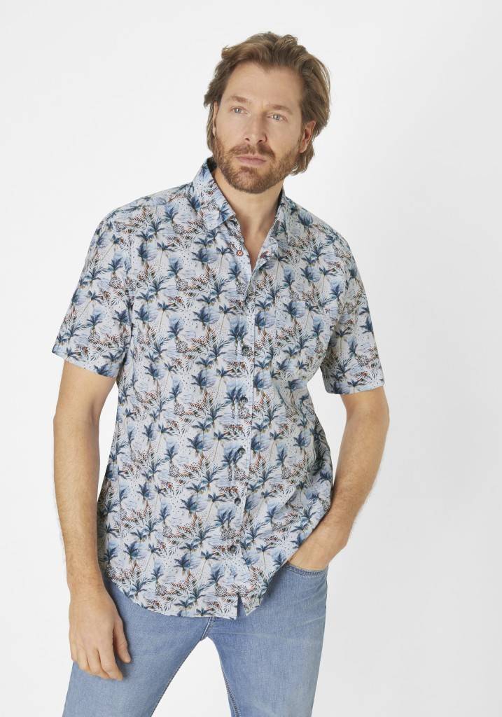 Paddocks Short sleeve all over palm print normale Passform - blue Verkauf