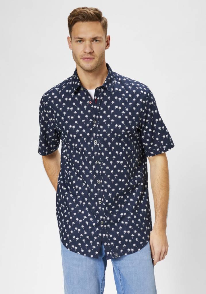 Paddocks Short sleeve shirt with all over palm print normale Passform - dark navy Schlussverkauf
