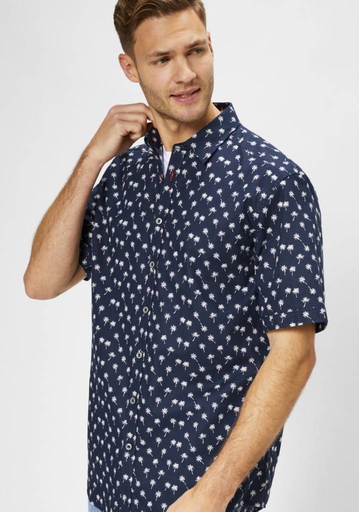 Paddocks Short sleeve shirt with all over palm print normale Passform - dark navy Schlussverkauf