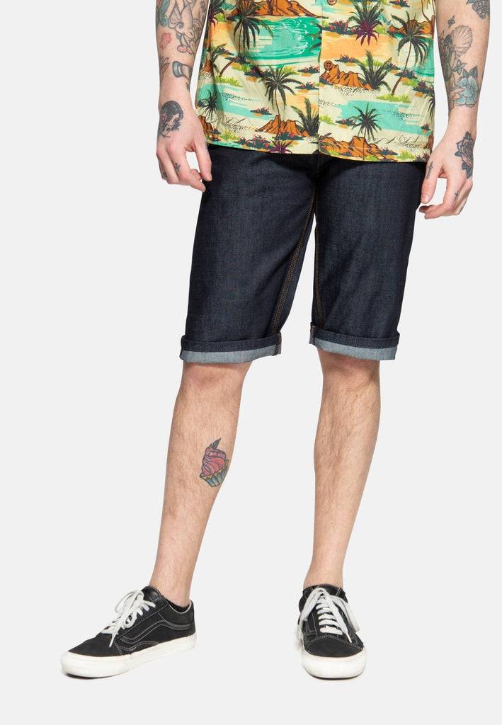 Queen Kerosin Denim Shorts mit Pintstripe Stitching «50s Workwear» Super Sparpreis