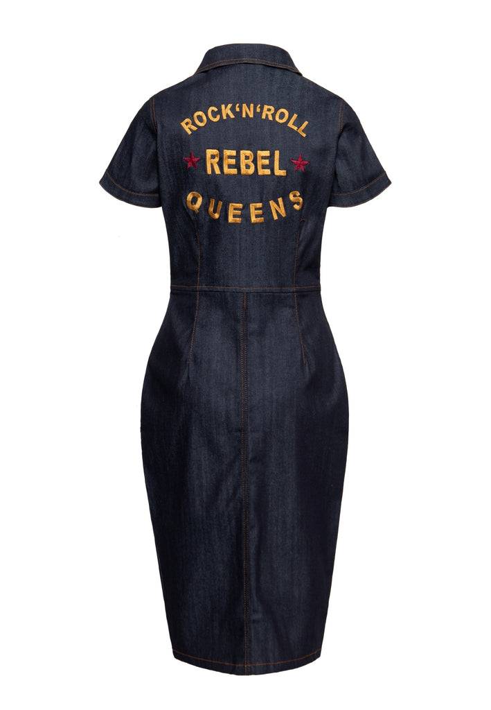 Queen Kerosin Denim Etuikleid «Rock'N'Roll Rebel Queens» im Angebot
