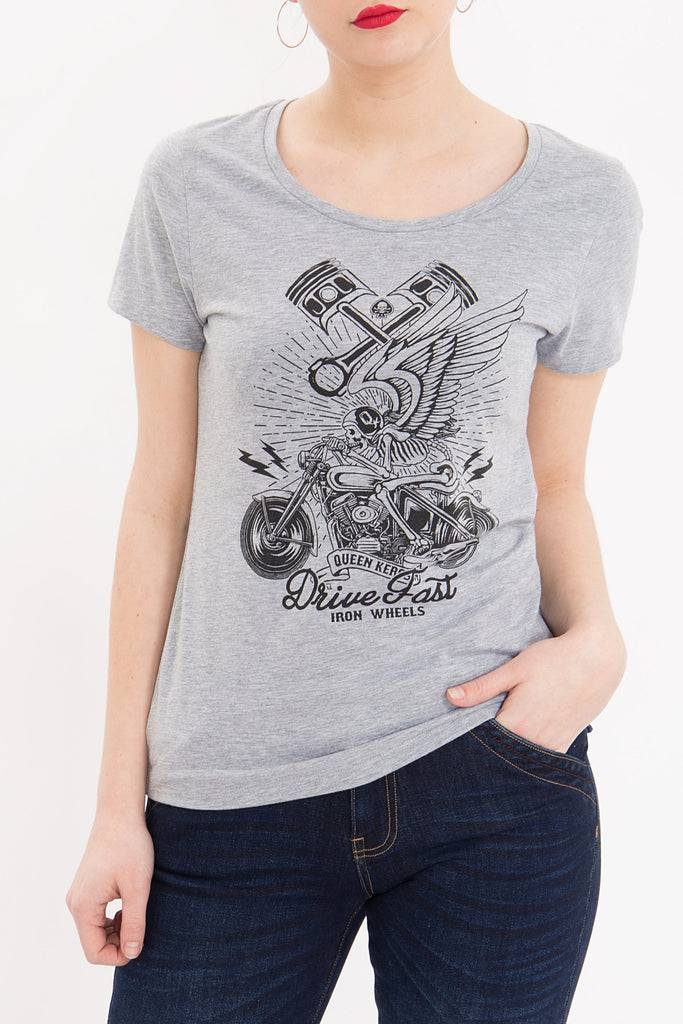Queen Kerosin Melange Shirt aus Melange Jersey mit Front Motiv «Drive Fast» Black Friday