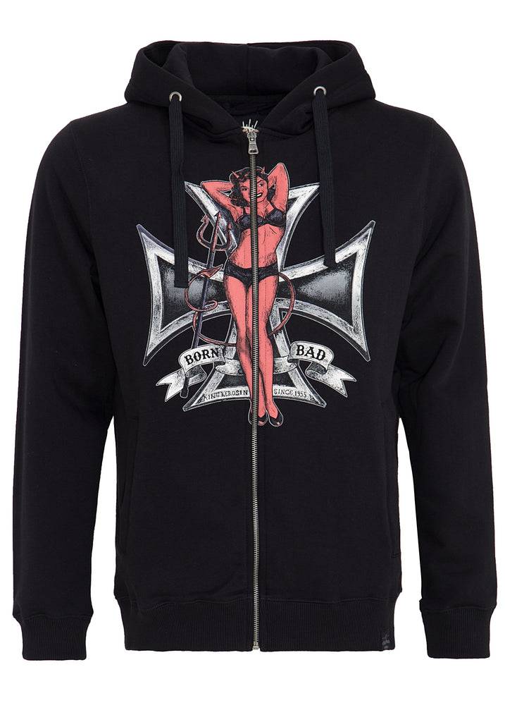 Queen Kerosin Kapuzensweatjacke mit Front Print «Born Bad» Valentinstagsangebot