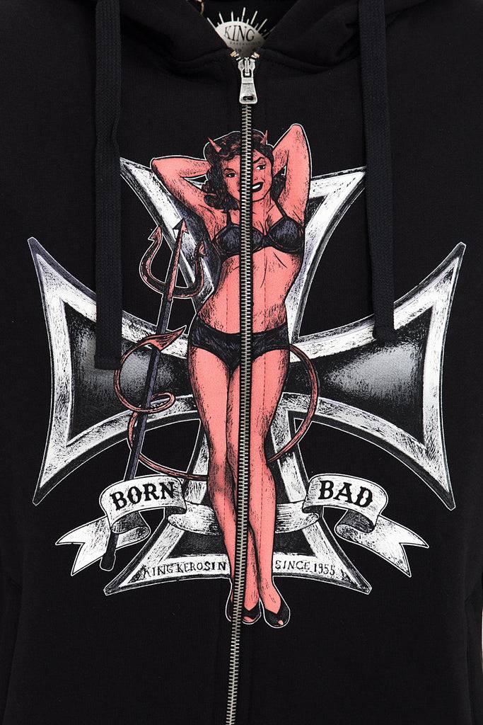 Queen Kerosin Kapuzensweatjacke mit Front Print «Born Bad» Valentinstagsangebot