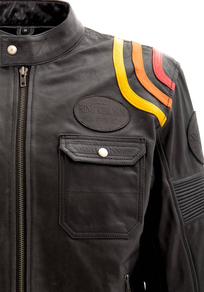 Queen Kerosin Lederjacke mit kontrastfarbigen Racer-Streifen Sonderangebote