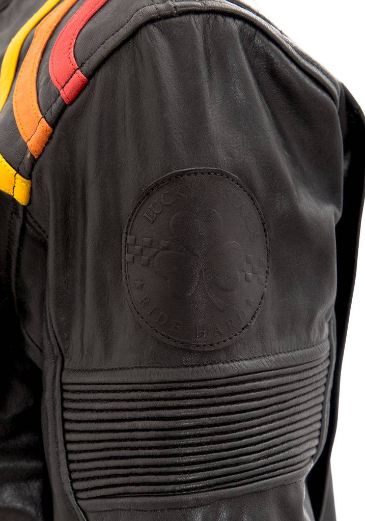 Queen Kerosin Lederjacke mit kontrastfarbigen Racer-Streifen Sonderangebote
