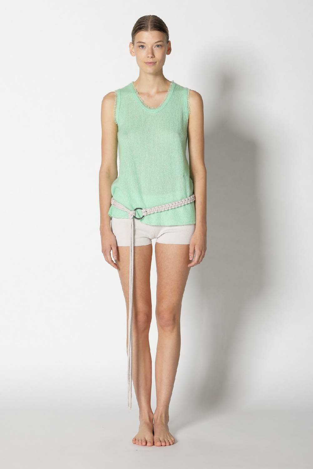 Sminfinity fluffy fringe crew top + fluffy fringe plaid + hang loose ring belt handmade makrame 2025
