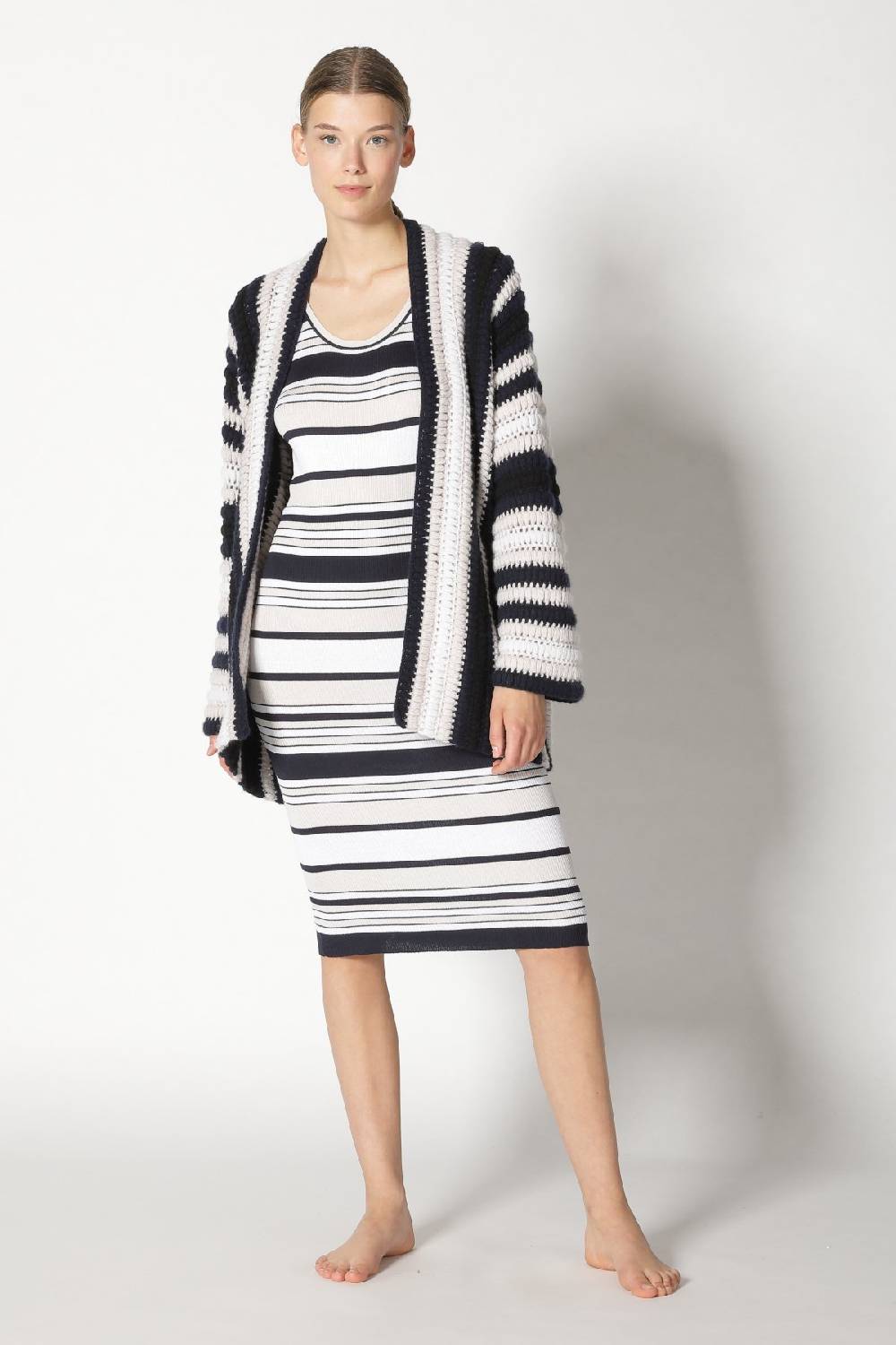 Sminfinity silky rib stripe tank dress + pure stripe crochet jacket Fabrikverkauf