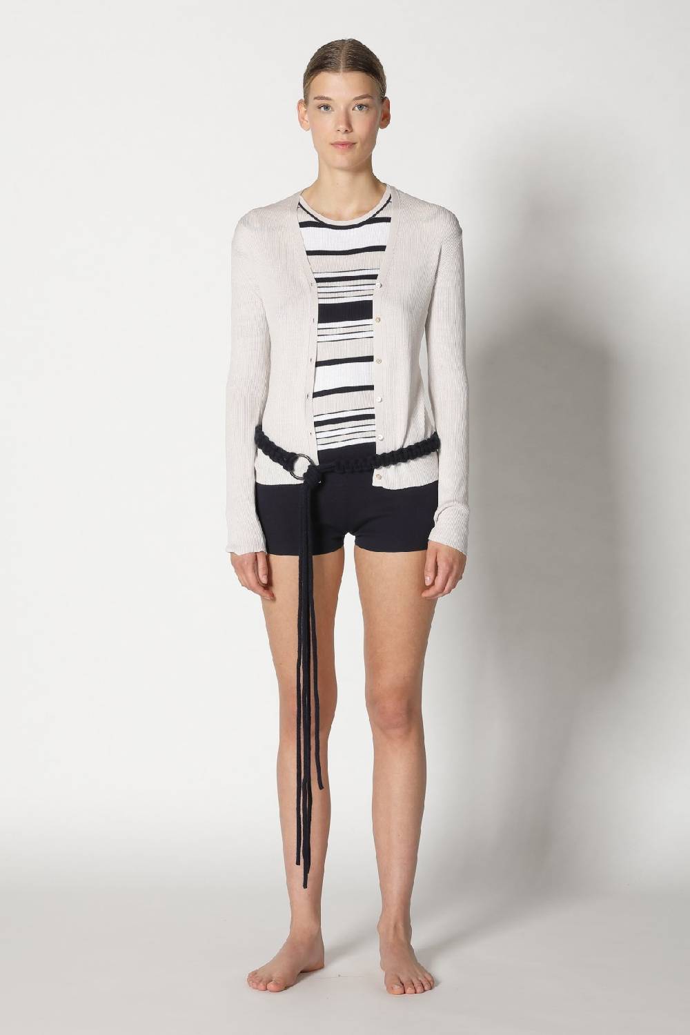 Sminfinity silky rib stripe crew T + silky rib cardy + silky shorts + hang loose ring belt Meist gekauft