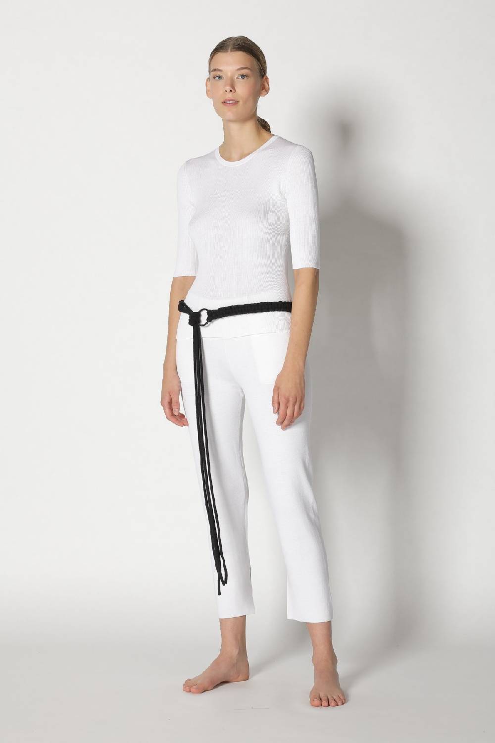 Sminfinity silky rib crew T + silky cropped pants + hang loose ring belt Verkauf
