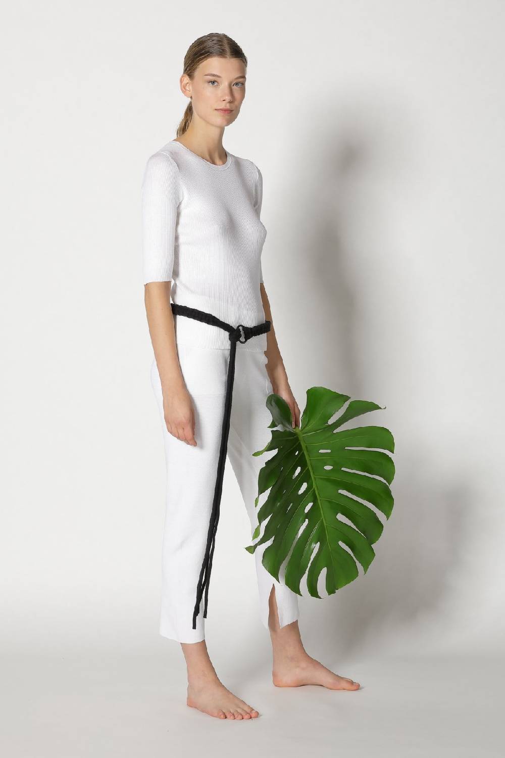 Sminfinity silky rib crew T + silky cropped pants + hang loose ring belt Verkauf