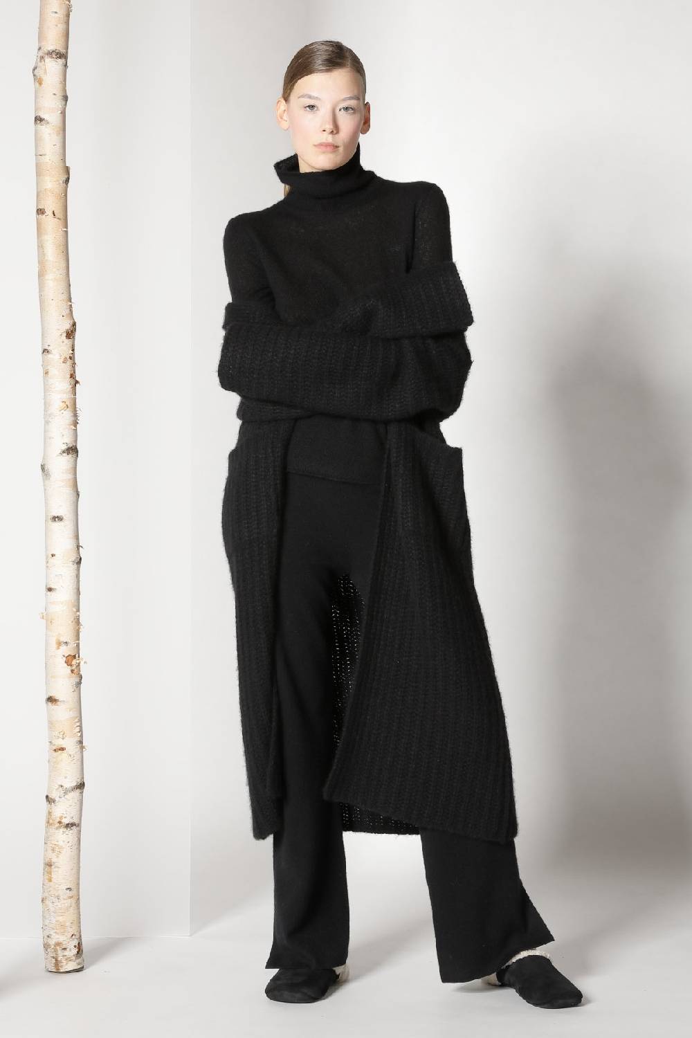 Sminfinity fluffy ribbed maxi coat + fluffy 1 Ply turtleneck + pure slitted pants Clearance-Verkauf
