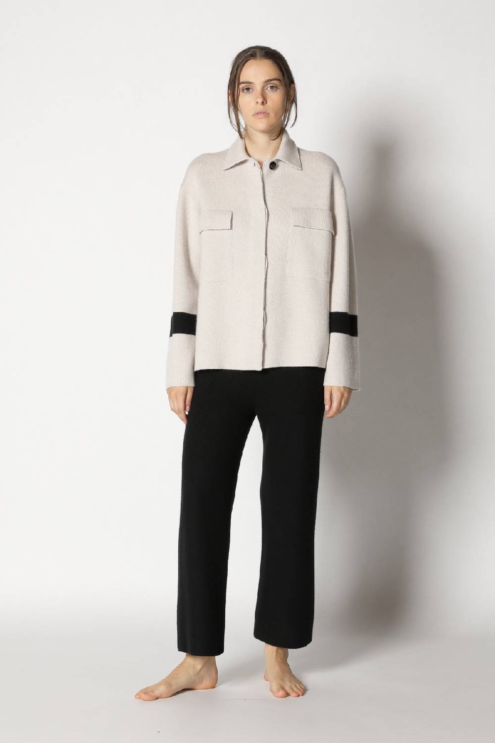 Sminfinity doubleface striped shirtjacket + garter cropped pants Günstig kaufen